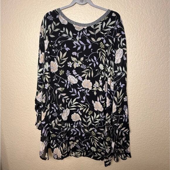 Calvin Klein 3X Black Purple Floral Vines Tunic NEW Tags Sheer Silver Neckline - Picture 2 of 12